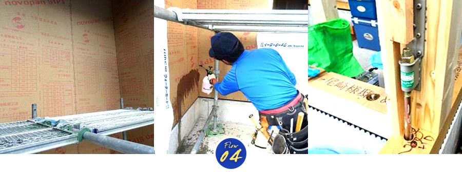 耐力壁・防腐剤・防蟻剤を施工している様子と耐震ホールダウンが設置されている様子